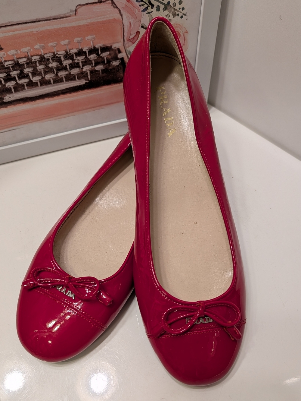 ❤️ Vintage Y2K PRADA Patent Leather Logo Slip On Comfort Sole Ballet Flats, 38/7